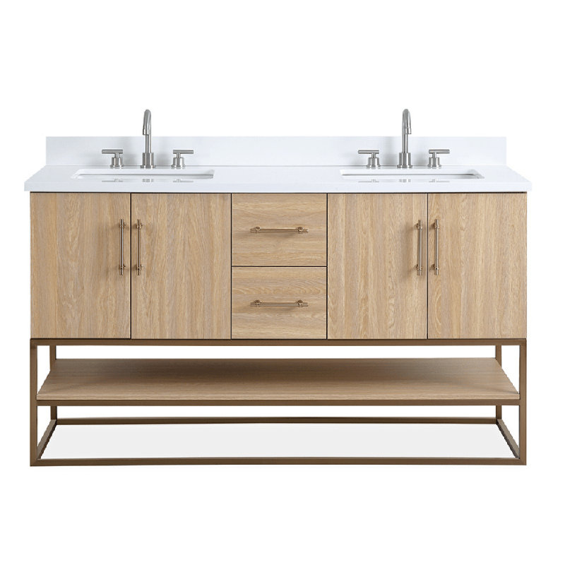 Meuble-lavabo sur pied moderne Lima en chêne clair de marque Tennant, 60 pouces, double lavabo, comptoir en quartz blanc, entièrement assemblé