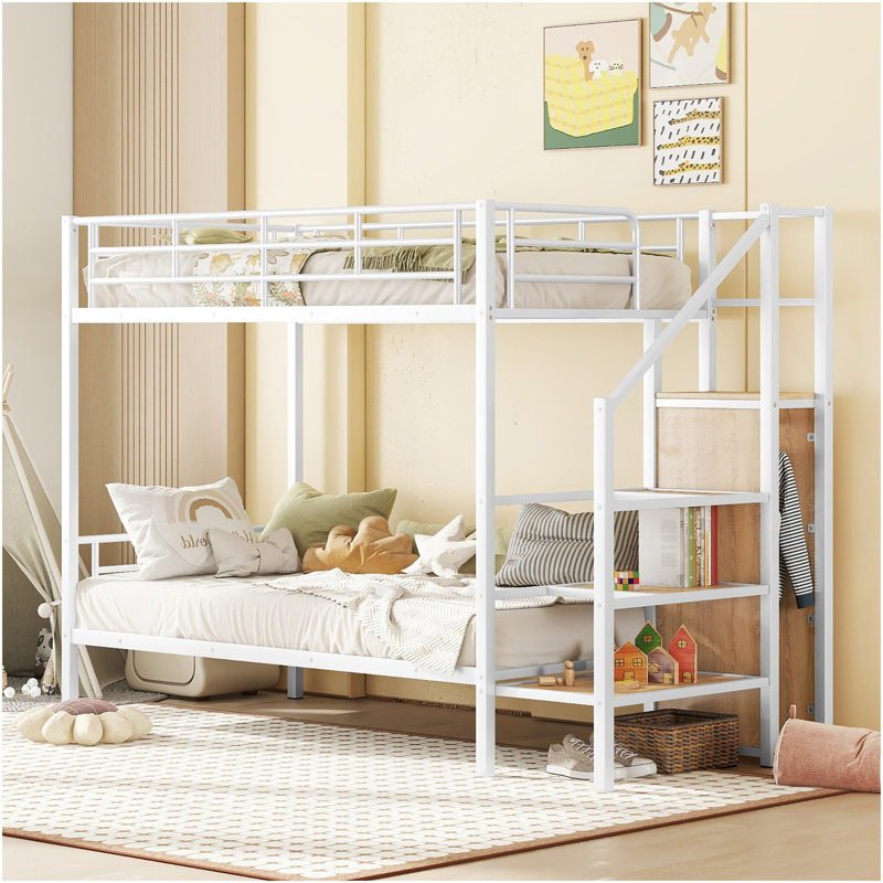 Lit superposé simple au-dessus de simple avec échelle de rangement latérale et garde-robe, Blanc