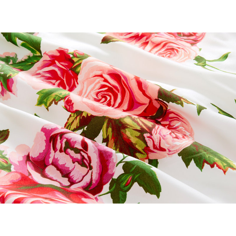 King Pink Rose Floral Duvet Cover Set with 2 Pillowcases and Corner Ties, King Duvet Cover + 2 King Pillowcases