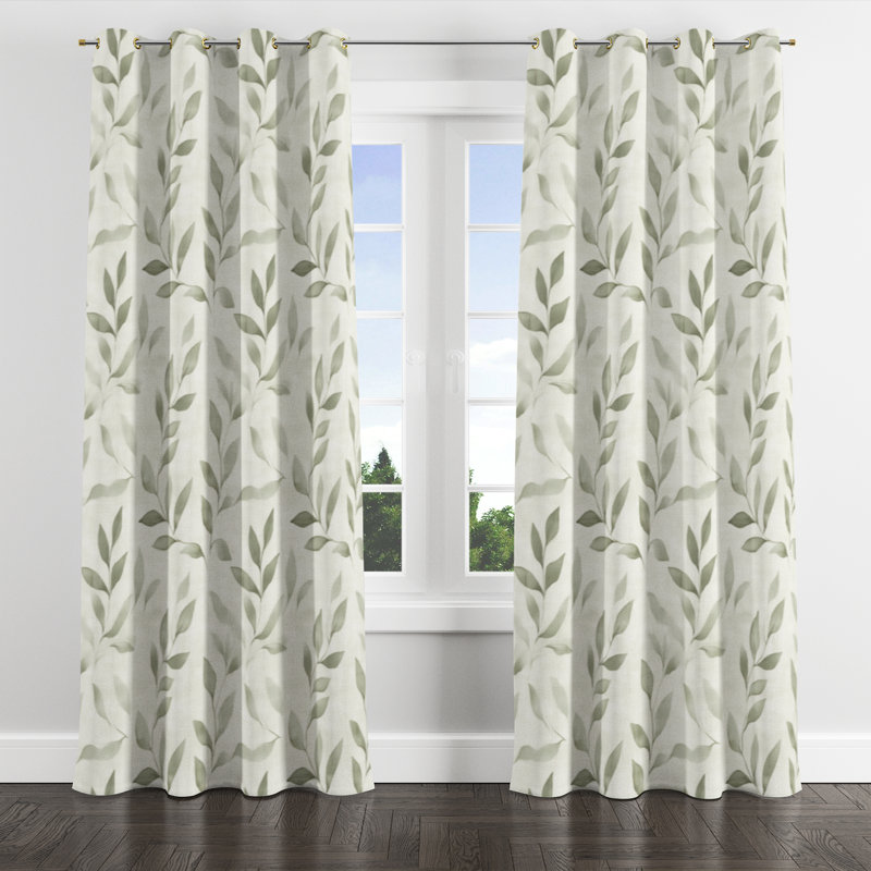 Floral Blackout Curtains - Modern Linen Sage Grommet Curtain - 1 Panel, Gold Grommets, 52" W x 95" L