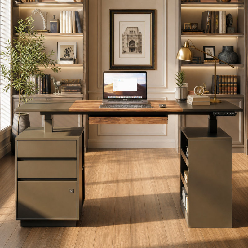 63" W Height-Adjustable Standing Desk with 3 Drawers, 5 Shelves & Fingerprint-Lock File Drawer