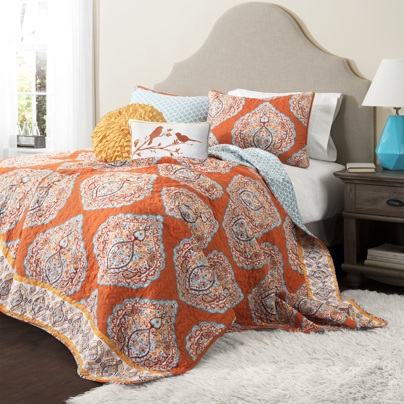 Harley Microfiber Reversible 5 Piece Quilt Set, Full/Queen Quilt+2 Standard Sham+2 Throw Pillow, Tangerine