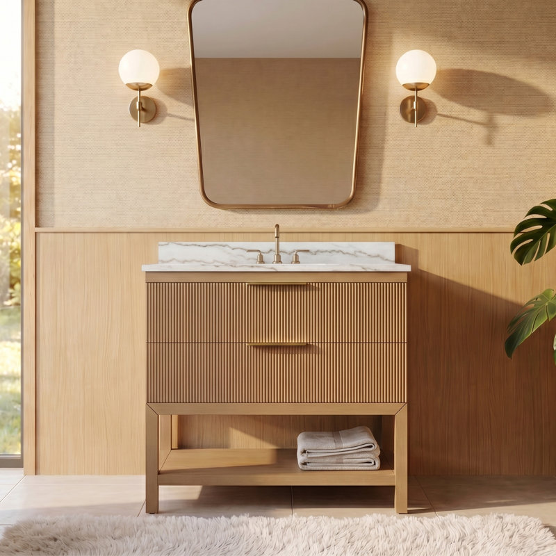 Dessus de meuble-lavabo en chêne miel et plateau en marbre Castella de Blanc l 36 po x P 22 po Bristowe, Chêne miel, 36