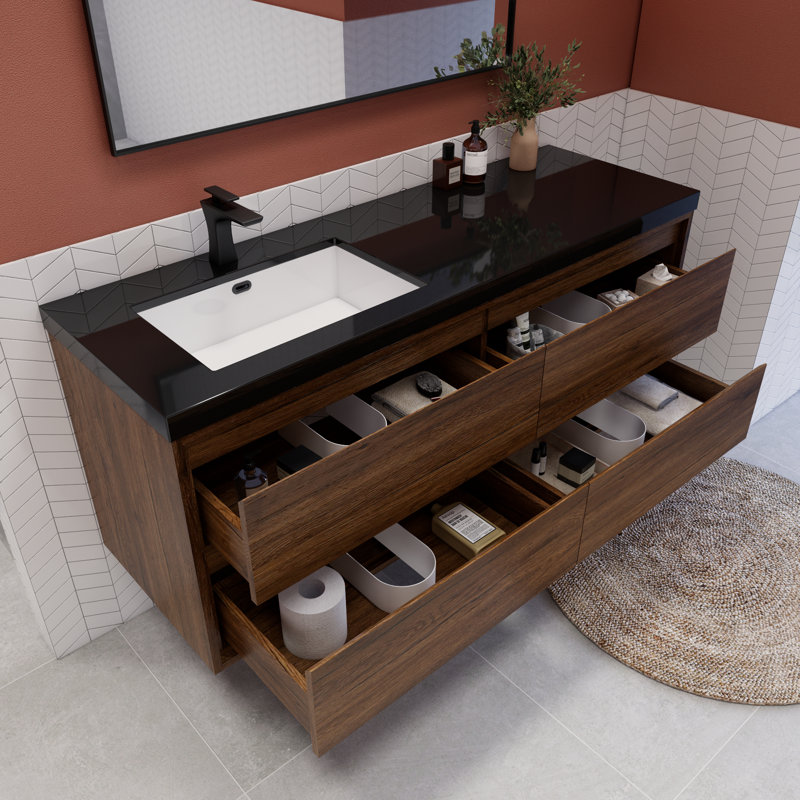 Vickye 59.05 " W Free Standing Wall Mounted Single Double Single Vanity Bathroom Vanity With Plastic Top, Rose Wood