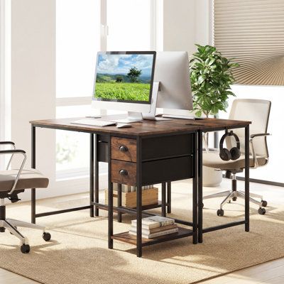 Computer Desk with Charging Station, 2 Fabric Drawers, Storage Shelf Headphone Hook Rustic Brown & Black