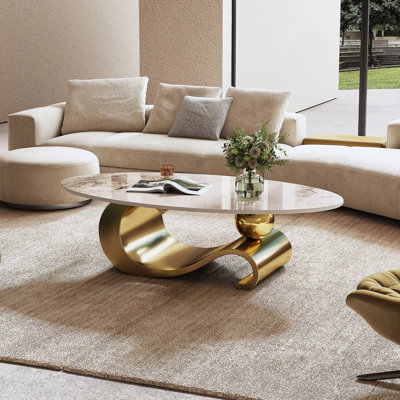 Table basse ovale en faux marbre 49,2 ", base contemporaine en acier inoxydable doré, table centrale moderne pour le salon