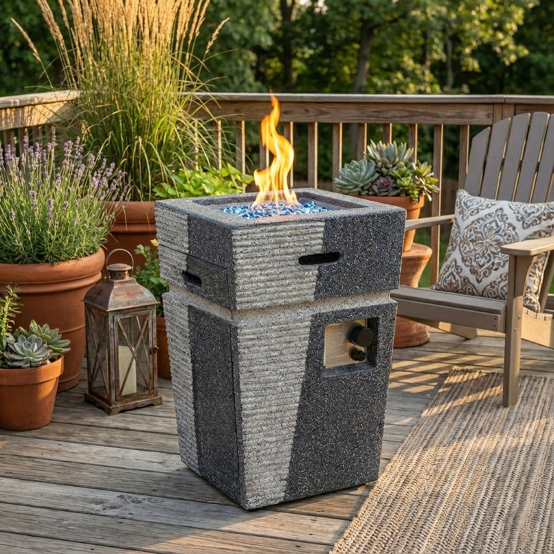 Modern Square Concrete Fire Pit Column (29'' H x 19.7'' W) – Complete with Glass Rocks