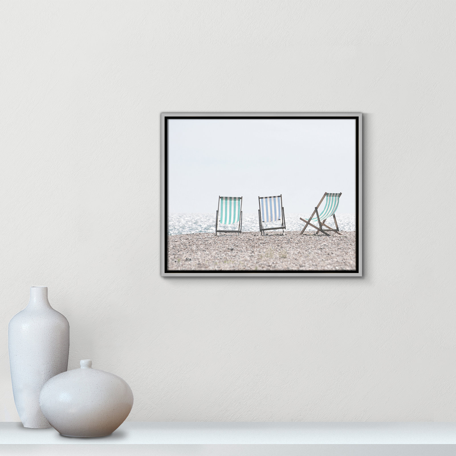 Beach Chairs - Photograph Print, Black Wood Grain Framed Paper, 17" H x 23" W x 0.75" D