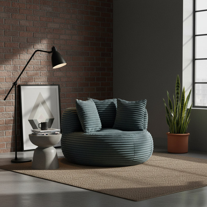 Striped Knit Bean Bag Chair with Pillow Set, 360° Comfy Lounger for Living Room, Bedroom, Gaming & Reading Nook