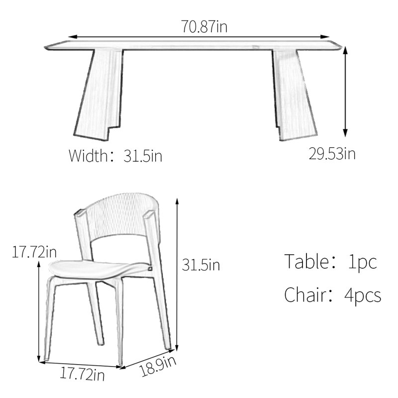 Ensemble de table de salle à manger en chêne fritté unique, H 29,53 po x L 70,87 po x l 31,5 po