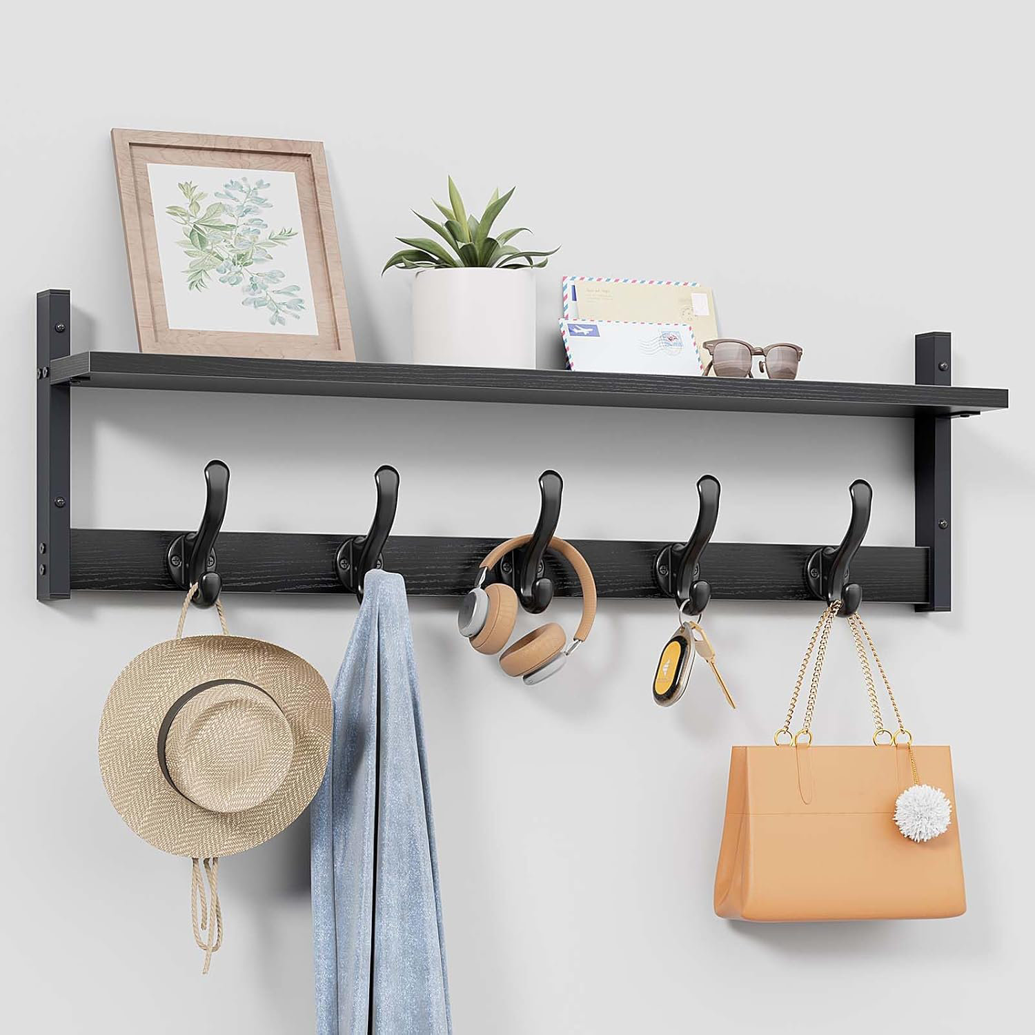 Wall Mounted Coat Hanger Shelf With Hooks For Entryway Coat