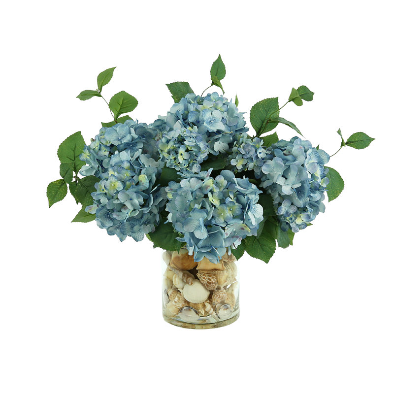 Hydrangea Floral Arrangement In A Clear Glass Vase, Blue/Beige