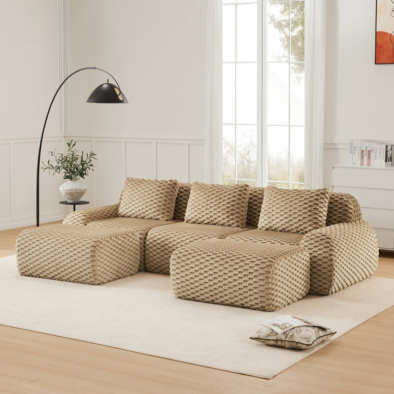 Boneless 114" Modern U-Shaped Modular Sectional Sofa for Living Room,Flannelette Fabric,Oversized 3-Seater Couch,boneless sofa ,Movable Ottoman,Buckle connection,Anti-slip Design,No Assembly