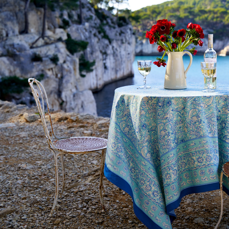 La Mer Handmade Floral Tablecloth, Blue/Light Blue