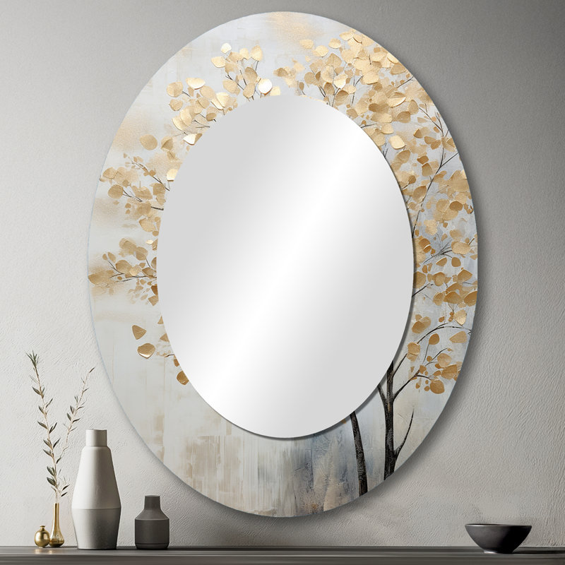 Minimalisme doré et scène d'arbres bleus - grand miroir mural ovale sur métal, H 43 po x l 33 po