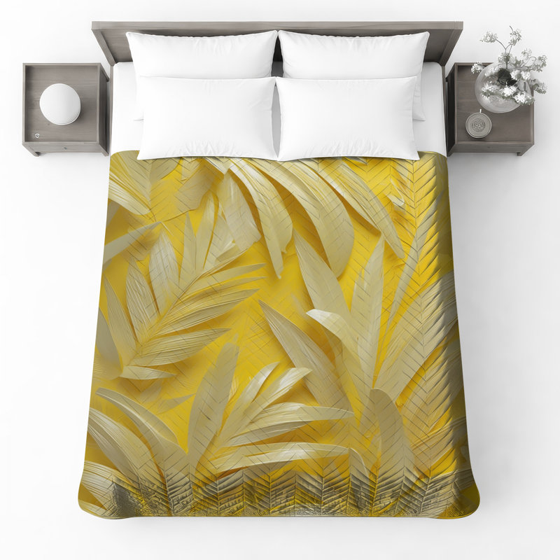 Couvre-lit jaune avec feuilles de palmier jaunes, Full / Double