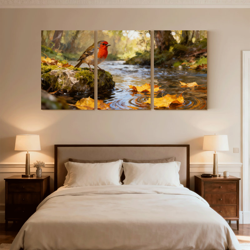 Oiseaux Robin perchés sur un rocher près d'un ruisseau avec des feuilles, ensemble de 3 impressions sur toile