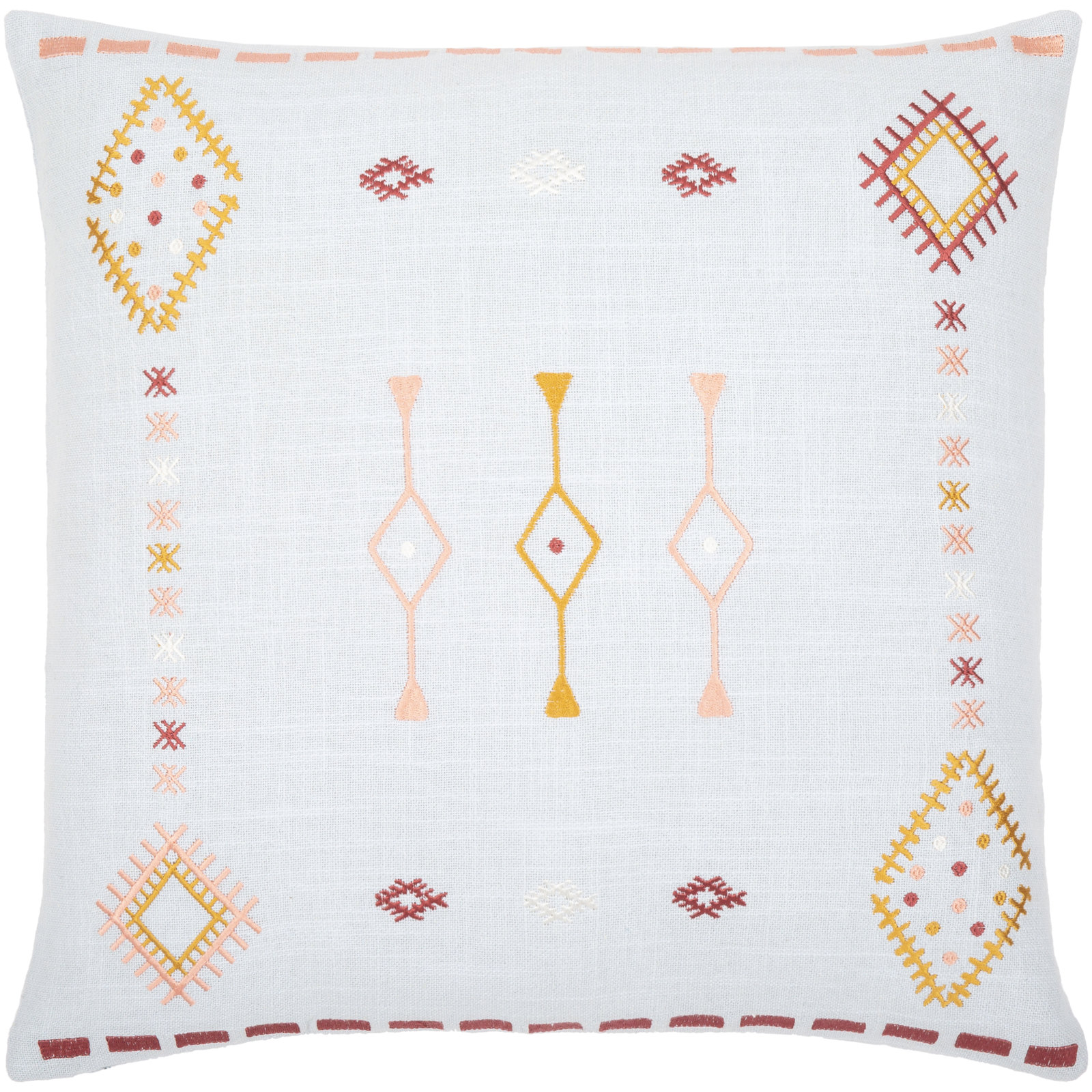 Gwyn Embroidered Cotton Pillow Cover, 22" x 22", Pale Blue/Mustard/Dusty Pink