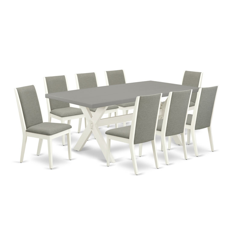 Ensemble de table de cuisine 9 pièces comprenant une table de salle à manger rectangulaire avec pieds en X et 8 chaises de salle à manger Parson en lin Shitake, blanc lin