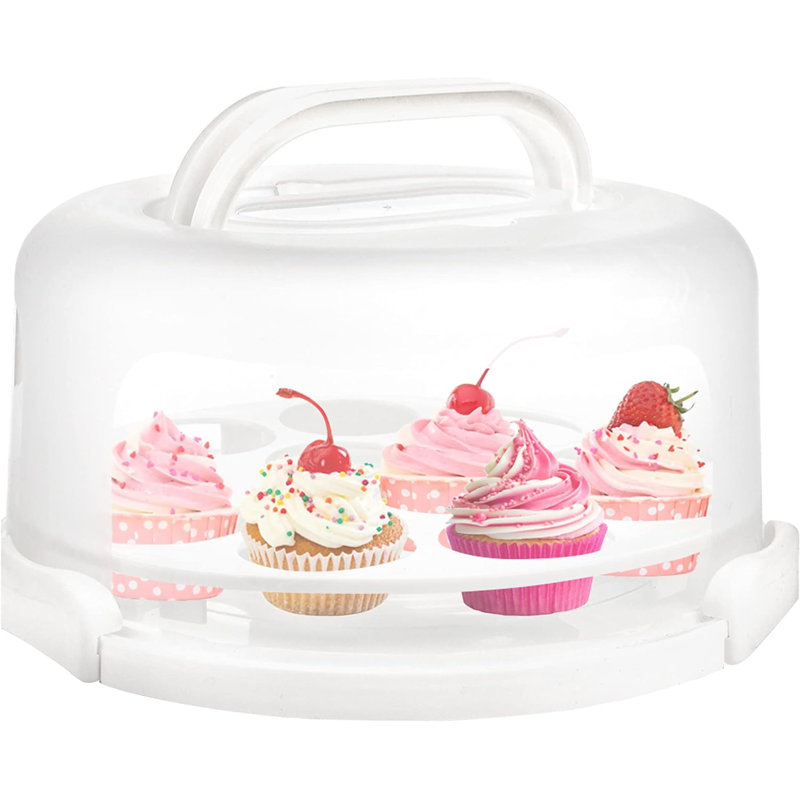 Cake Carrier with Collapsible Handle - White Cake Container and Holder with Lid