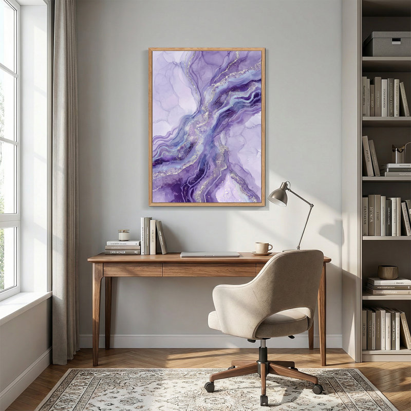 Art mural abstrait mauve et bleu avec des étincelles dorées, 24"H x 18"W