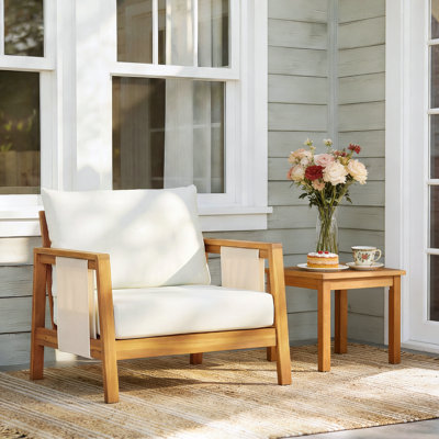Calera Modern Coastal Acacia Wood Outdoor Club Chair with Outdoor Mesh Accents and Water-Repellent Cushions
