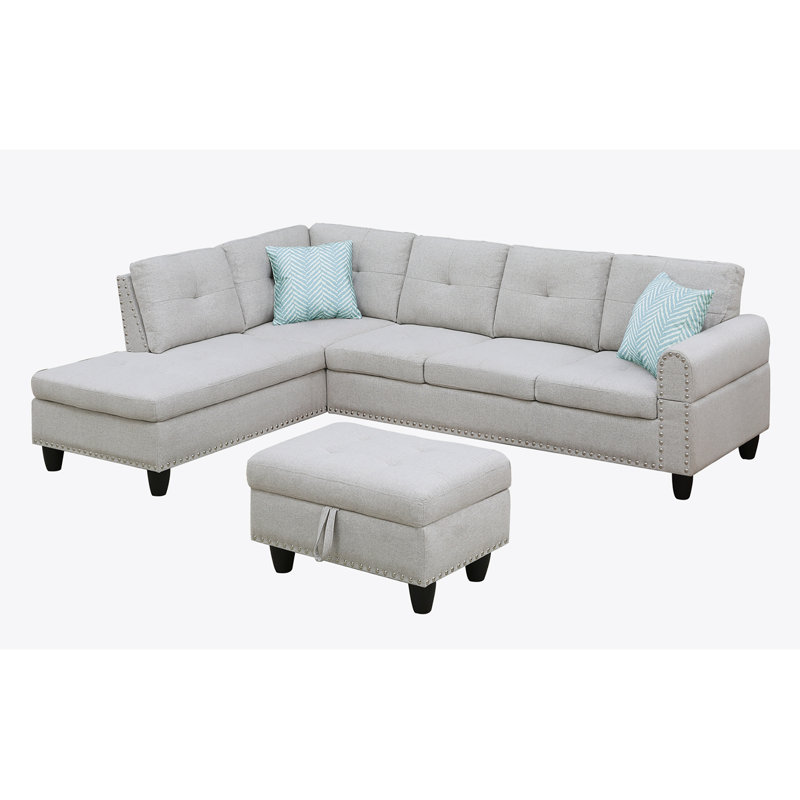 Alger 98" Wide Left Hand Facing Sofa & Chaise With Ottoman, Light Gray  Linen