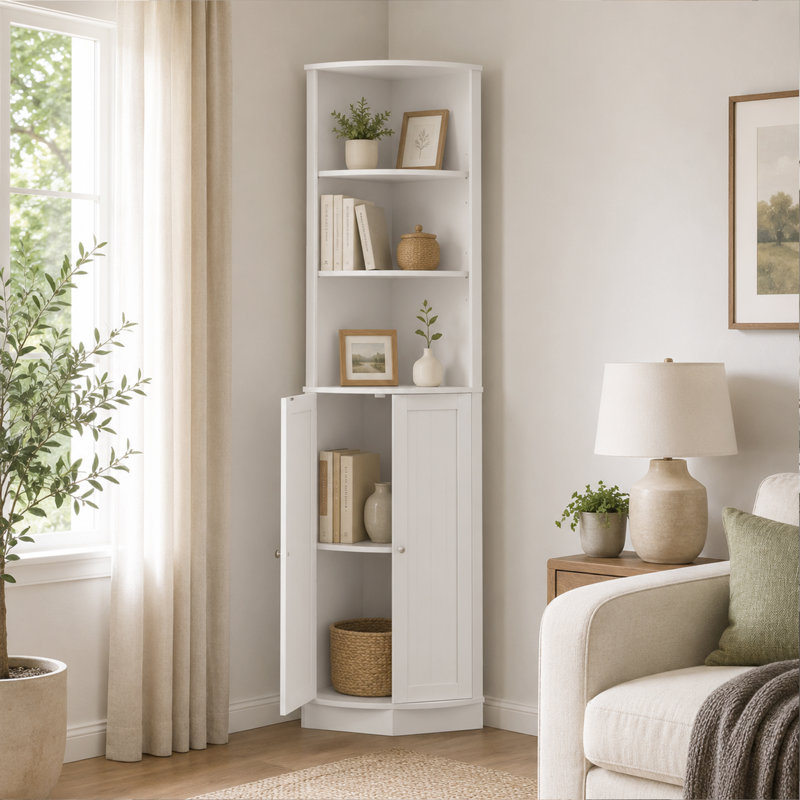 Meuble de rangement en coin pour salle de bain Cvitorel de 170 cm de hauteur avec étagères réglables et dispositif antibasculement