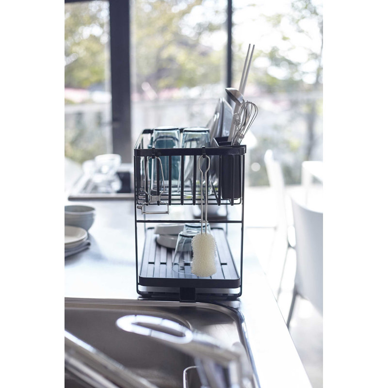 Tower Yamazaki Home Two-Tier Adjustable Dish Drainer Rack, Utensils Holder, Steel, Draining Spout, Black
