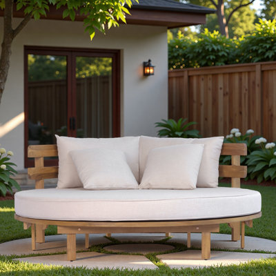 Outdoor Round Daybed With Half-round Slatted Backrest, Soft Pillows, Foldable Cushion, Removable Cushion Covers And Adjustable Foot Pads