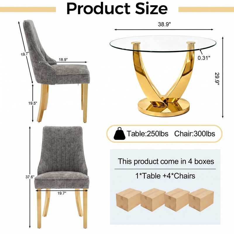 38.9" Round Glass Dining Table Set for 4, Modern 5-Pieces Kitchen Table set, Tempered Glass Table with 4 Chenille Upholstered Chairs, for Kitchen, Dining and Apartment