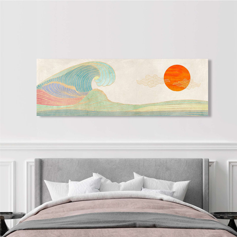 Japandi Landscape: The Big Wave by Sayaka Miko - Wrapped Canvas Print, 40cm H x 120cm W x 4cm D
