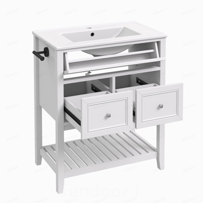 30"  Bathroom Vanity with Ceramic Sink – Freestanding Storage Cabinet with Tip-Out Drawer, 2 Drawers & Open Slatted Shelf, Reversible Side Towel Rack, Silver Handles, MDF