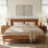 Structure de lit plateforme en bois massif de qualité supérieure, finition noyer avec tête de lit sculptée de style Mid-Century, capacité de 800 lb, support de matelas, aucun sommier nécessaire