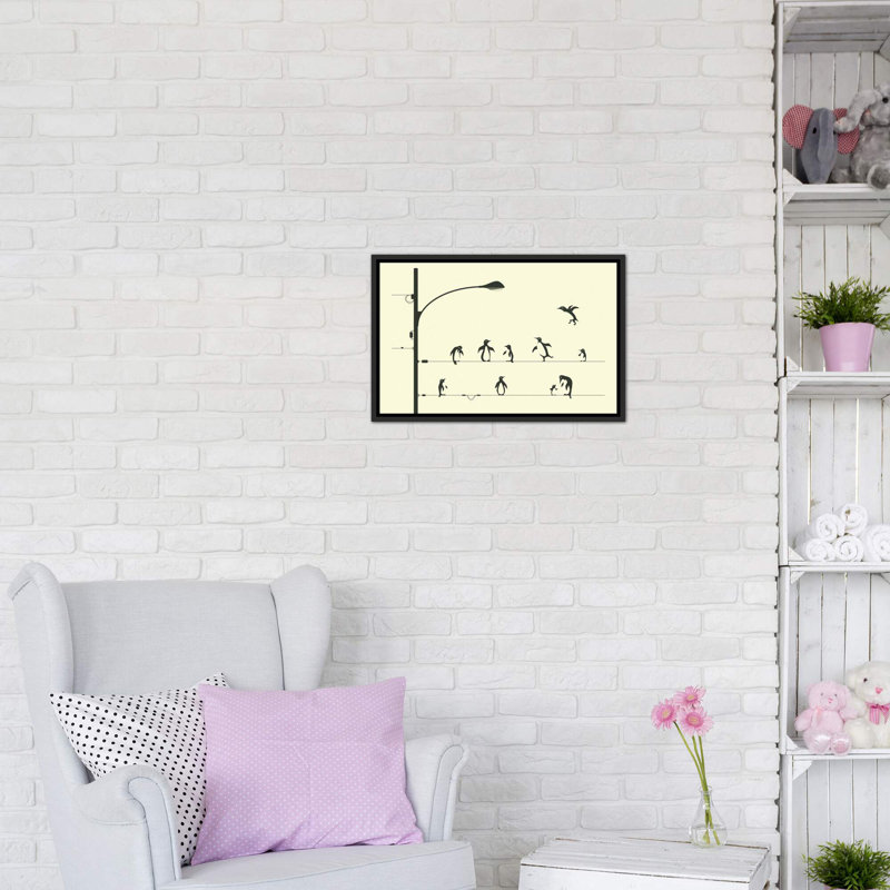 «Penguins on a Wire», art encadré, Toile avec cadre noir patiné, H 18 po x l 26 po x P 1,5 po