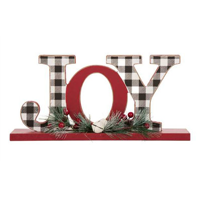11.5"L Christmas Wooden Plaid JOY Table Decor