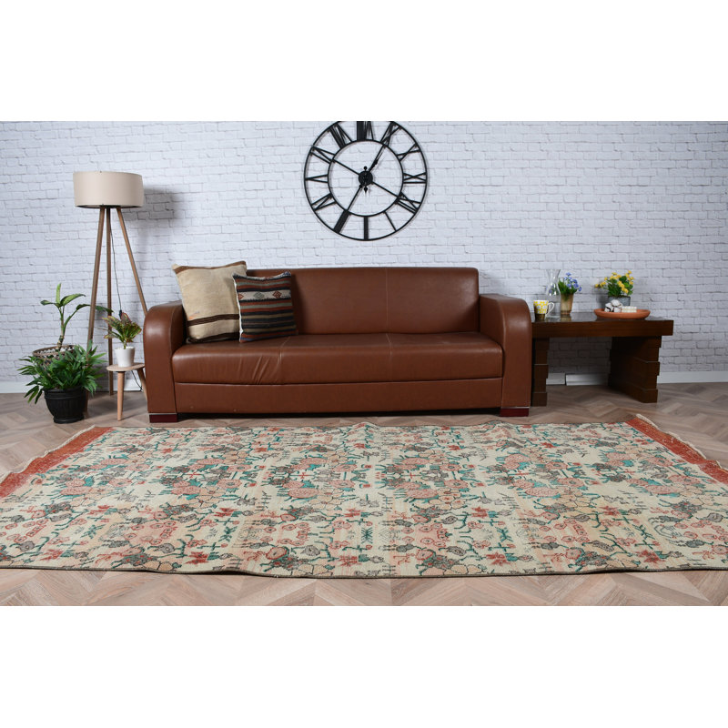 Grand tapis turc rétro à motif floral Oushak idéal pour la salle à manger en blanc