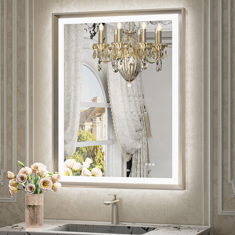 Miroir de salle de bain à DEL New Rockford, 36 po x 24 po, Rectangulaire, Nickel brossé