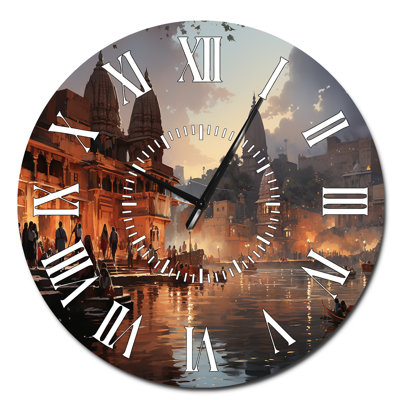Beige Grey Indian Art Ghats Of - Indian White Face Wall Clock
