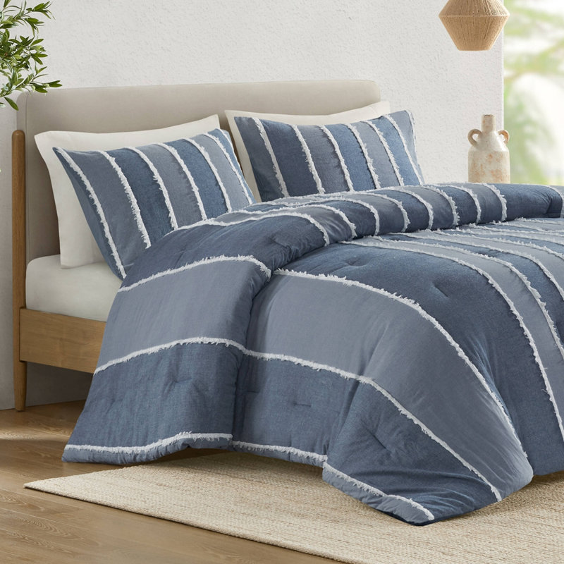 Ensemble d'édredon en coton rayé 3 pièces, bleu, Ensemble de draps double / grand + 2 pièces suppl