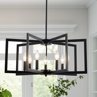 Lustre de style lanterne géométrique carré / rectangulaire à 7 lumières de 25,6 po noir mat