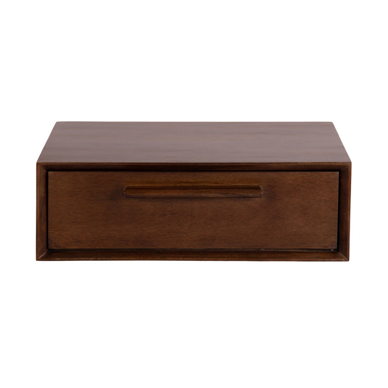 Geoffry Mango Solid Wood Floating Shelf with Drawer, Dark Walnut