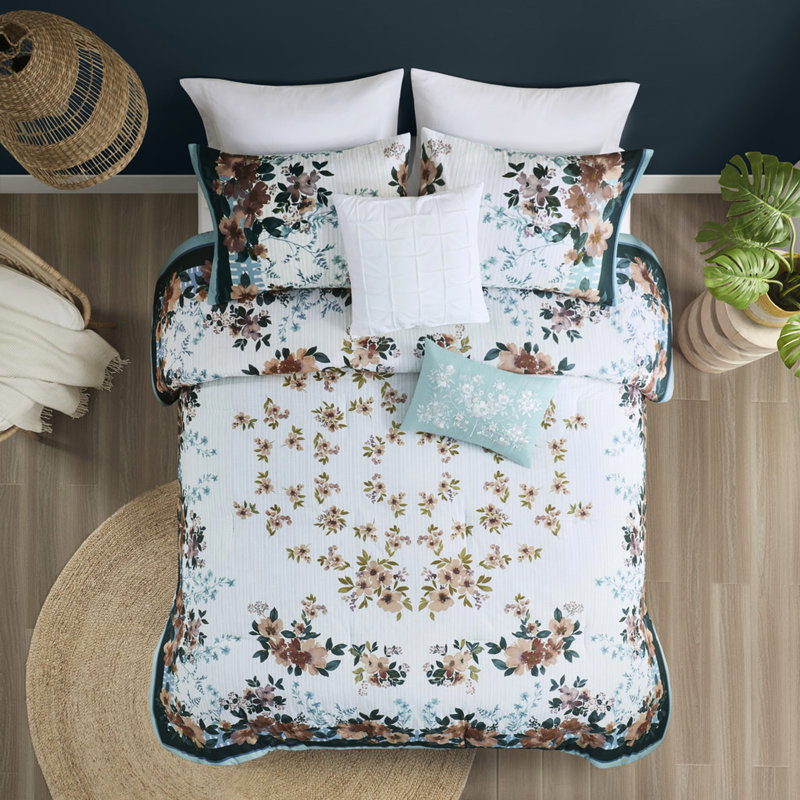 Édredon floral avec rembourrage - Double / grand 5 pièces et bordures sarcelle