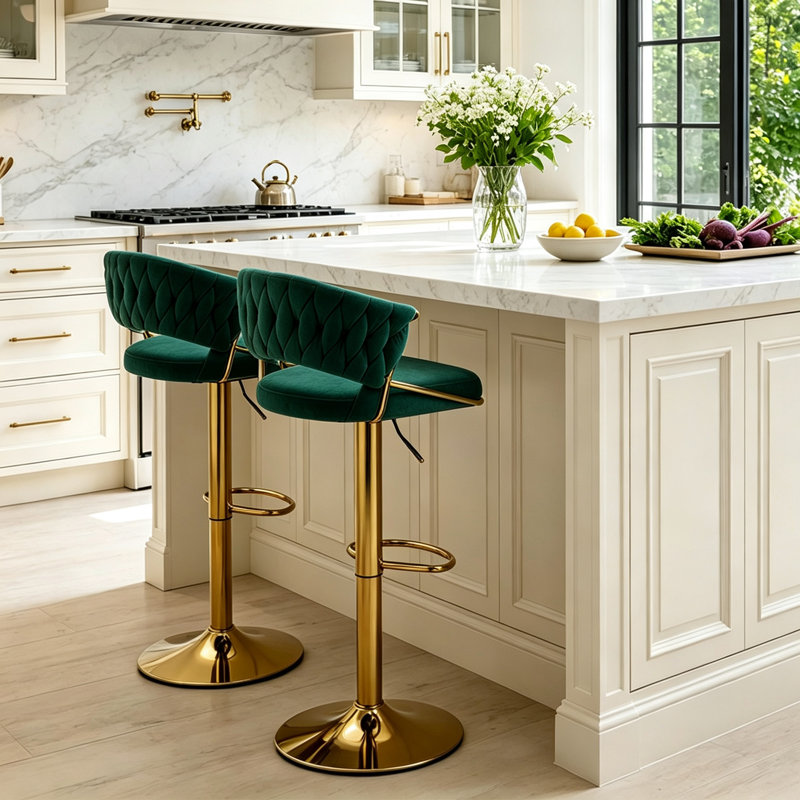 Christal Swivel Upholstered Adjustable Height Counter Stool, Dark Green, Gold