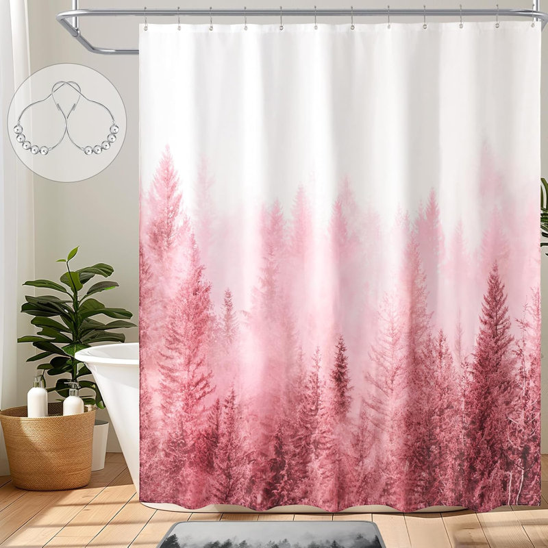 Ensemble de rideau de douche Misty Forest avec crochets - Rideau de salle de bain en polyester imperméable avec motif boisé naturel, ourlet lesté pour plus d'intimité