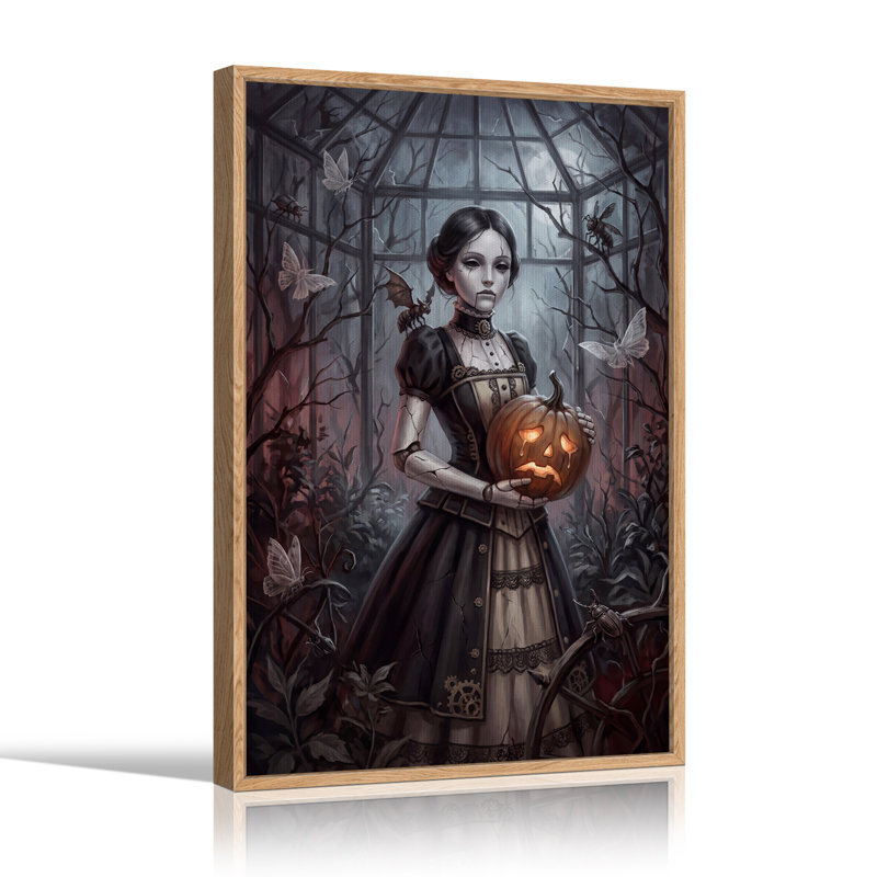 " Steampunk Doll Holding Glowing Pumpkin In Halloween " Painting Print, 48"H x 32"W