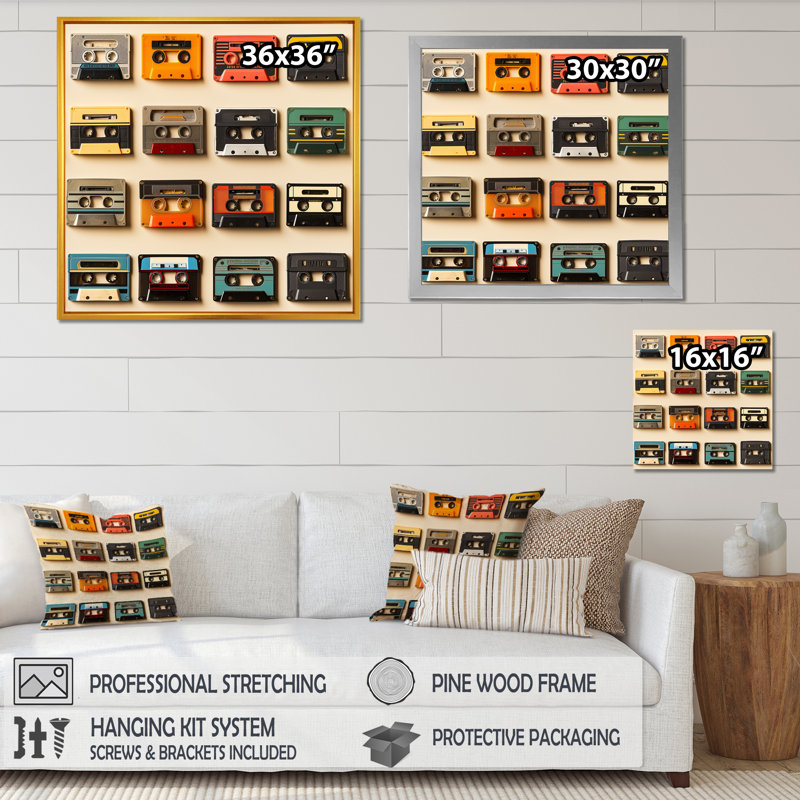 Retro Cassette Tape Collection III - Cassette Tapes Wall Art, Cadre flottant noir, H 16 po x l 16 po x P 1 po