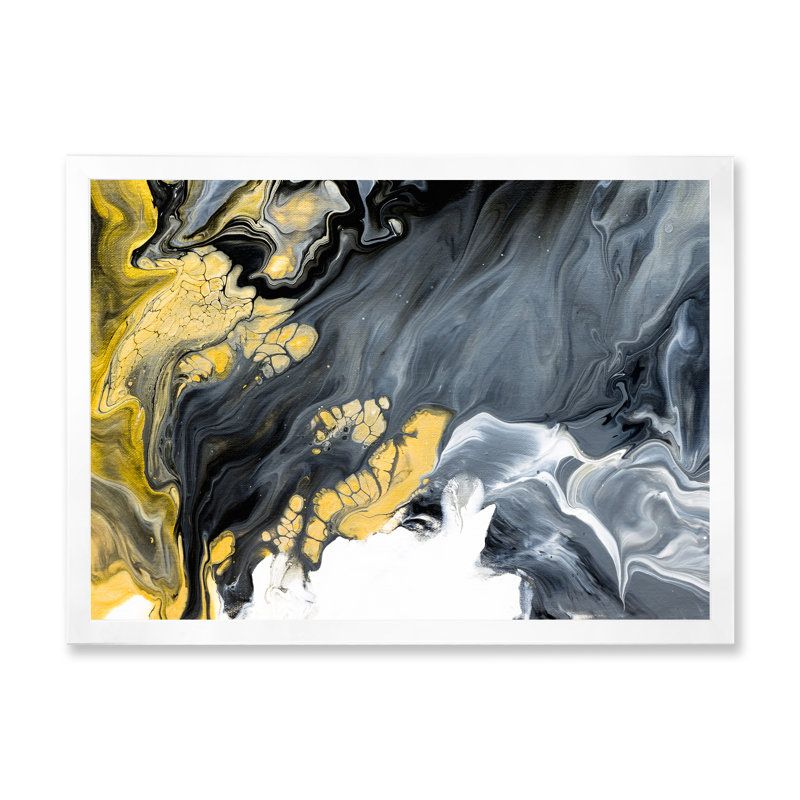 «Black and Gold Creative Abstract», peinture sur toile, Cadre de coin blanc fermé, H 34 po x l 44 po