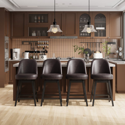 Vintage Upholstered Swivel Bar Stool with Solid Wood Legs