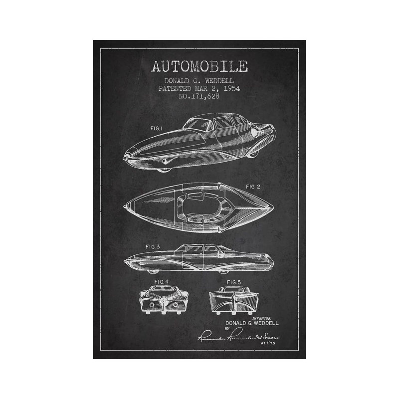 Donald G. Weddell Automobile Patent Sketch (Charcoal) 1 Piece Wrapped Canvas Wall Art, 66.04 cm H x 45.72 cm W x 3.175 cm D